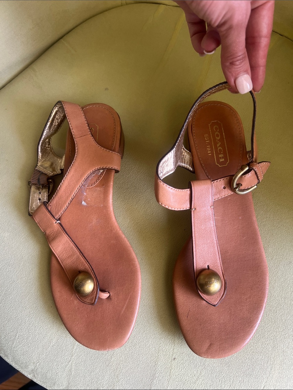 Coach Brown T‑Strap Sandals with Gold Button Accent